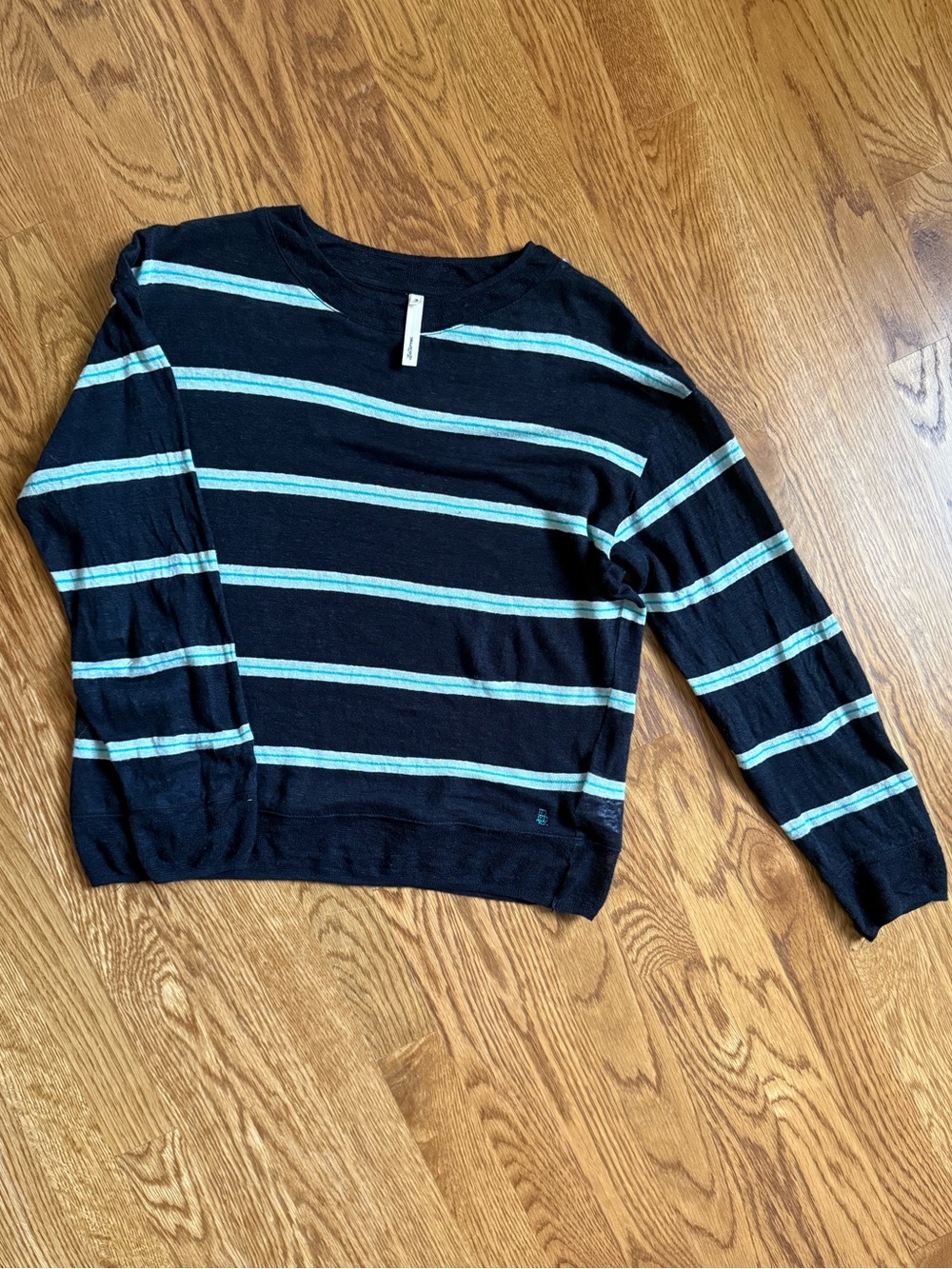Bellerose black linen crewneck sweater with Teal Stripes
